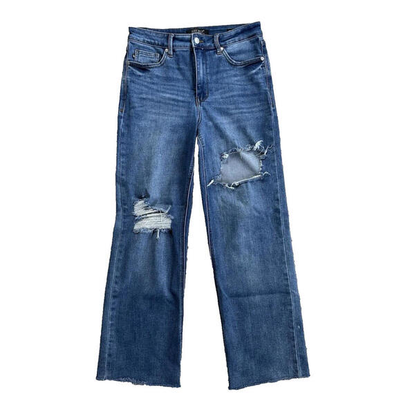 Judy Blue Denim - Judy Blue Womens 7/28 Jeans 90's Straight Raw Hem Distressed Stretch Medium Wash